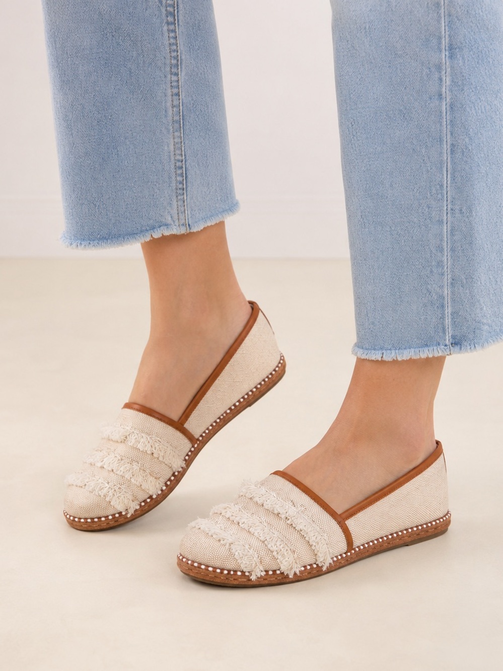Ellen Degeners Nolana Fringe Espadrille Leather Trim Size 8 Canvas Boho Slip On